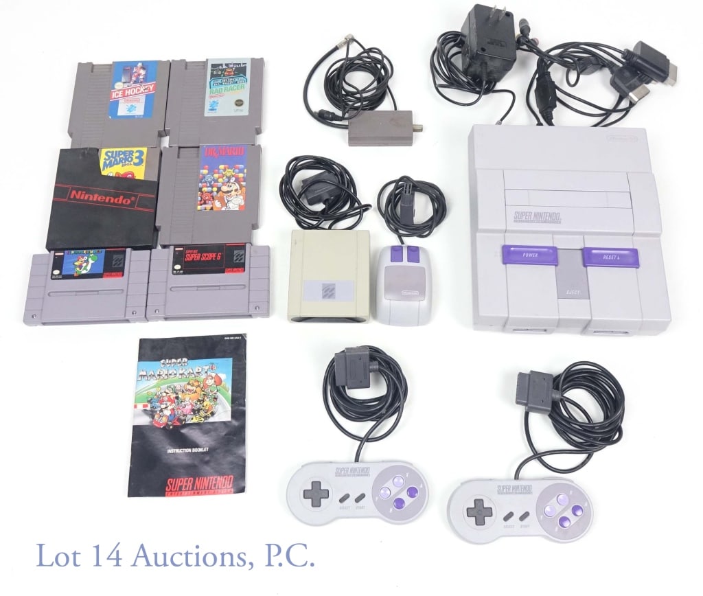 Super Nintendo With Controllers & Games: 1 Super Nintendo Entertainment System, with cables (including one multi-use cable that works for PS2/PS3 and the original XBOX); 2 Super Nintendo Controllers; 1 Super Nintendo Super Scope Receiver; 1