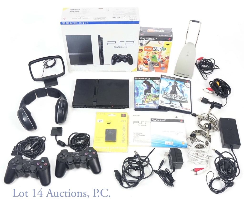 Sony Playstation 2, Games (2), & Accessories: Playstation 2 in box. Box is in rough condition. See photos for details. Includes: PS2, 2 controllers, necessary cords, headphones and stand, 8MB memory card, sealed Play2 EyeToy USB camera, and games