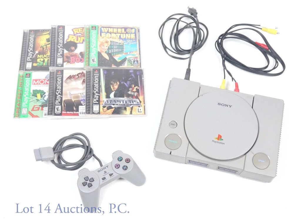 Sony PlayStation 1 With Controller & Games: 1 Sony PlayStation 1, with original cables; 1 Sony PlayStation 1 Controller; 7 Sony PlayStation 1 games including: Nuclear Strike, Ready "2" Rumble Boxing, Wheel of Fortune, Monopoly, Jikkyou Pawafuru