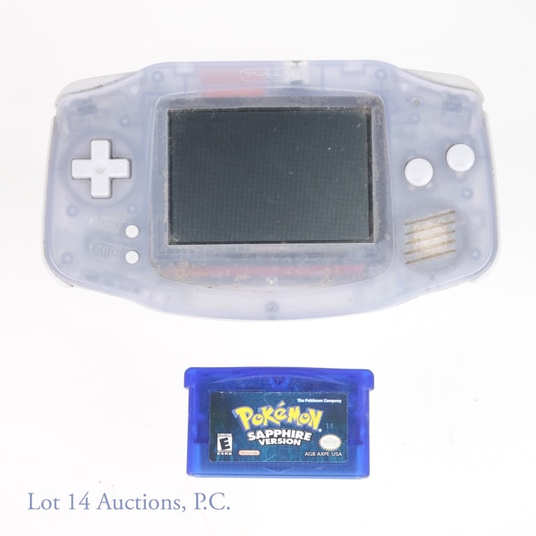 Gameboy Advance and Pokemon Sapphire (Tested): 1 Nintendo Game Boy Advance Handheld Glacier System, missing front Gameboy logo; 1 Gameboy Advance Pokemon Sapphire Version. Battery back / cover is loose and missing a piece - please see photos.