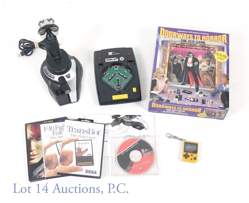 Video Game Lot *Vintage* Mad Catz, Sega + (8): Includes: (1) Mad Catz - F.L.Y. 5 (with user manual). (2) Entex Electronics - Electronic Baseball. (3) XBox 360 DVD: Perfect Dark Zero (in case). (4) Sega Saturn DVD: Spot Goes to Hollywood. (5) The S