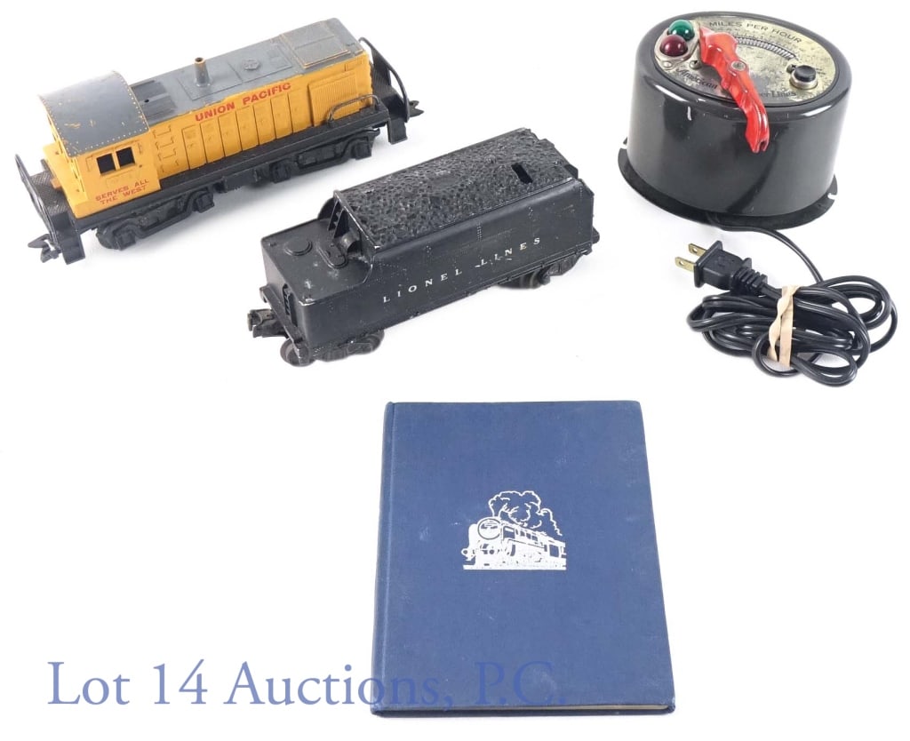 Model Train Collection (Lionel Cars + More): Lionel Lines O-gauge 6466W coal train whistle tender car. *** Union Pacific 1998 diesel switcher locomotive *** American Flyer Lines model 8B transformer. *** "The Boys Book of Locomotives by T.E. Nor