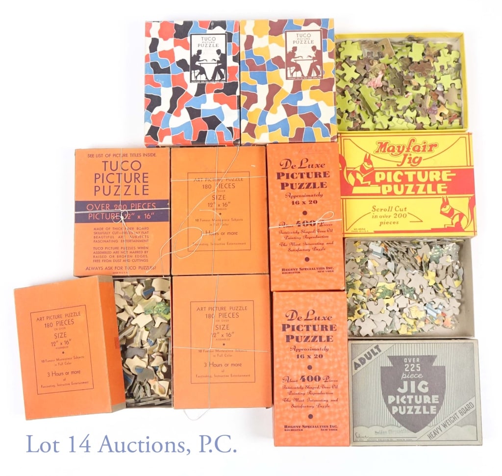Tuco Puzzles (10): 10 Tuco picture puzzles. Subjects include: "Landing of Columbus" (350+ pcs), "Colonial Days of Virginia" (350+ pcs), "Dutch Flower Market" (400 pcs), "Palisades of Santa Monica" (400+ pcs), "The Clean