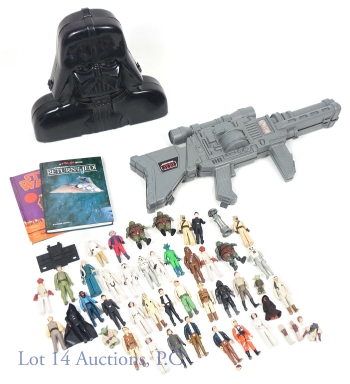 Star Wars Figurine Lot and 2 Carrying Cases: Star Wars Figurines include the following: (3) Leia, (4) Han Solo, (4) Rebel fighters, (3) Gamorrean Guards, (2) Yoda, (2) AT-AT Fighters, (2) Tusken Raiders, (2) Empire officers, (2) Admiral Akbar, a