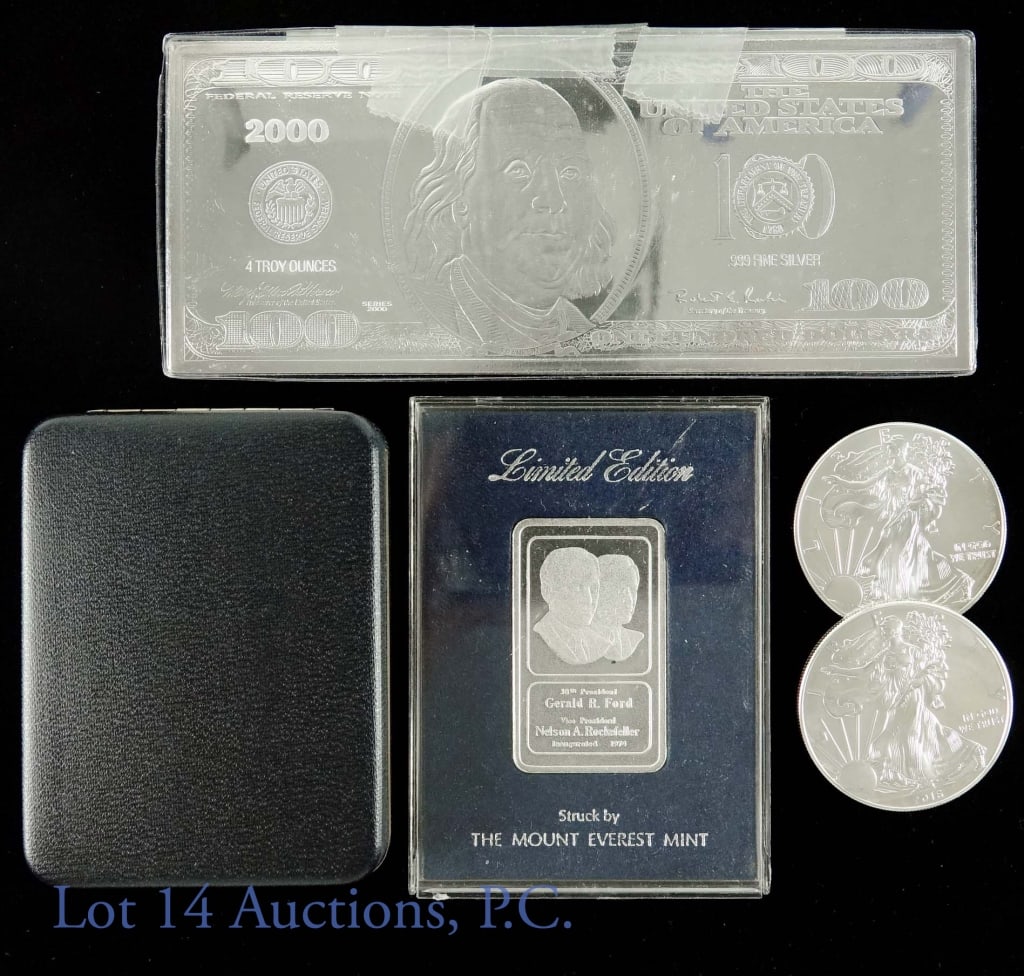 Silver Bullion (5ozt. 0.999 Fine Silver): American Historic Society recreation of the $100 bill in 4 troy ounces of 0.999 fine silver. COA included. *** Mount 1974 Everest Mint limited edition Gerald Ford / Nelson Rockefeller inauguration. 1 