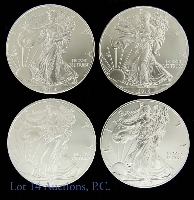 Silver Eagle Bullion Coins (4): 4 United States $1 Silver Eagle bullion coins: 2010, 2014, 2015, 2017. Each coin is 1 troy ounce of 0.999 fine silver.