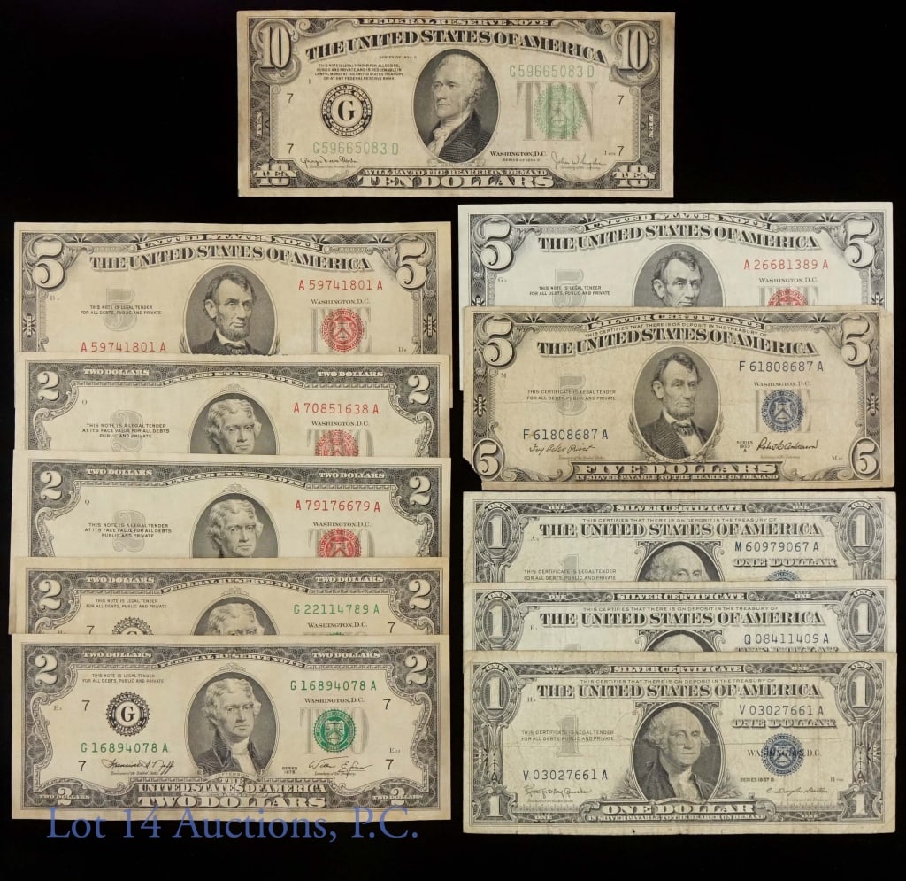 US Currency Collection: Series 1934D $10 federal reserve note - light green seal. Old folds and staining - but overall nicer condition. ***** Series 1953A $5 silver certificate (lower left corner is missing. ***** Series 195