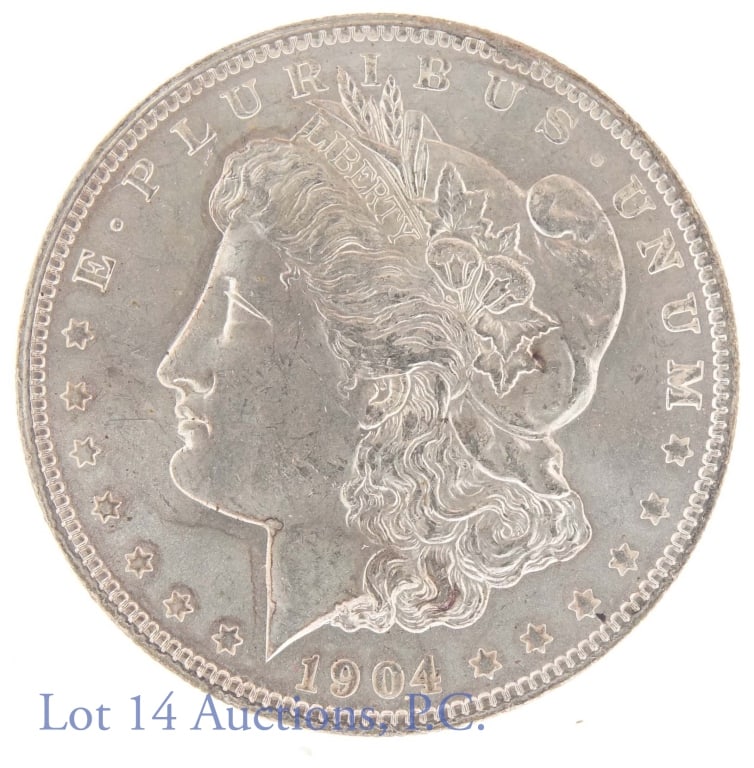 1904-o Morgan Silver Dollar (UNC?): 1904-o Morgan dollar (New Orleans Mint). 90% silver. Per consigner, uncirculated. *** Lot 14 Auctions is not a coin grading agency. Any consigner provided coin conditions are provided as a courtesy. *