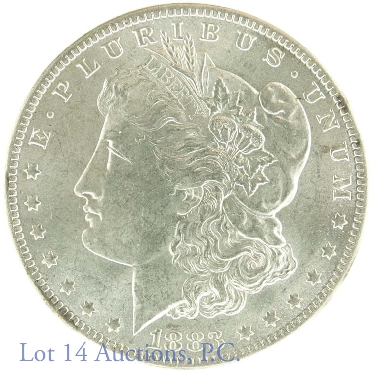 1883-o Morgan Silver Dollar (CH BU?): 1883-o Morgan dollar (New Orleans Mint). 90% silver. Per consigner, choice brilliant uncirculated. *** Lot 14 Auctions is not a coin grading agency. Any consigner provided coin conditions are provided