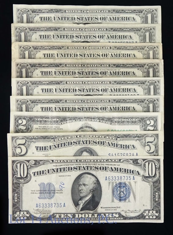 Currency Collection - Mostly 1930s Silver Certs: Series of 1934 US $10 silver certificate. Julian/Morgenthau signatures. Some old folds and a hand written "90" on front but nicer physical condition. *** Series of 1934D US $5 silver certificate. Clar