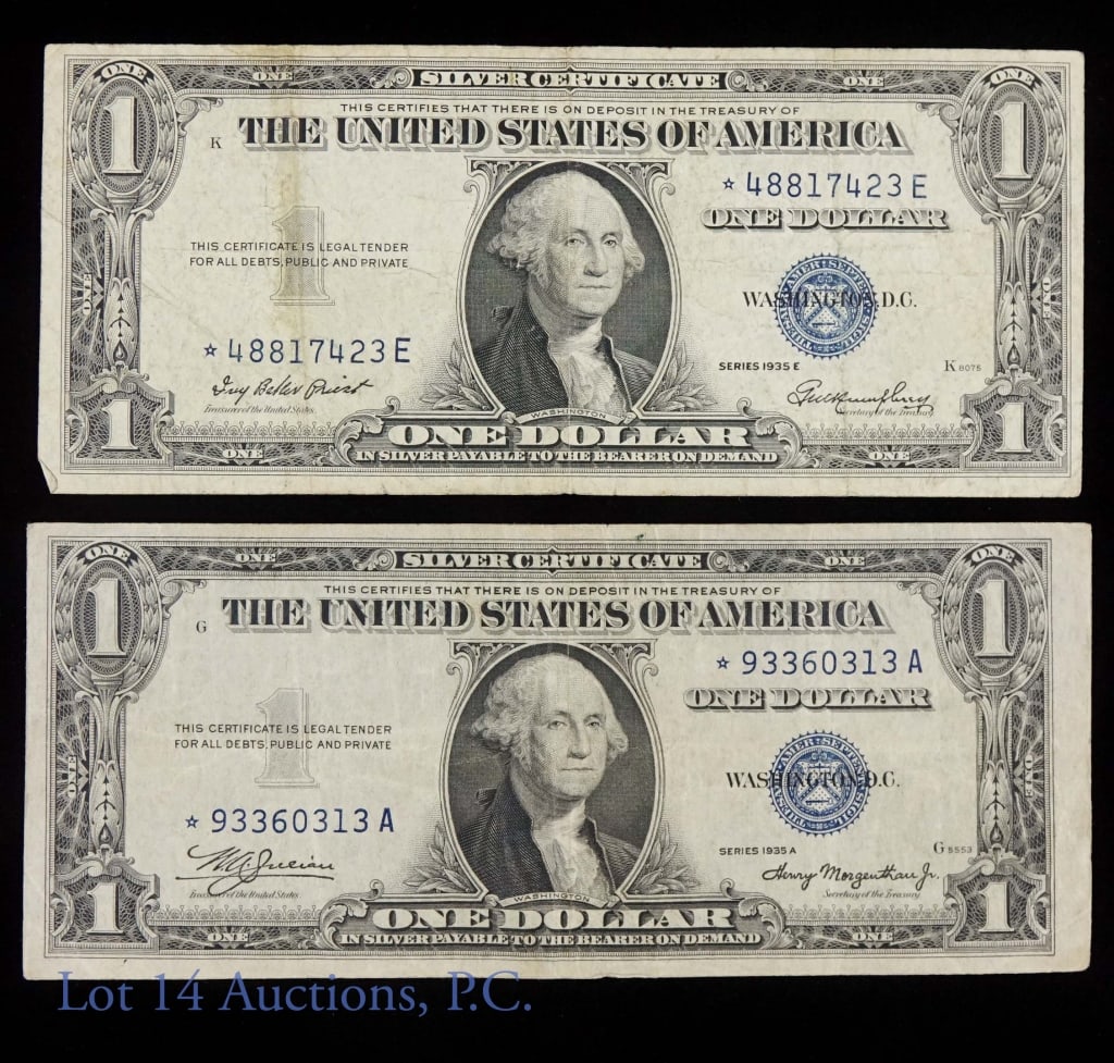 $1 STAR Note Silver Certs - 1935 (2): 2 United States $1 silver certificates - one series of 1935 A and one series of 1935 E. Both are star notes.