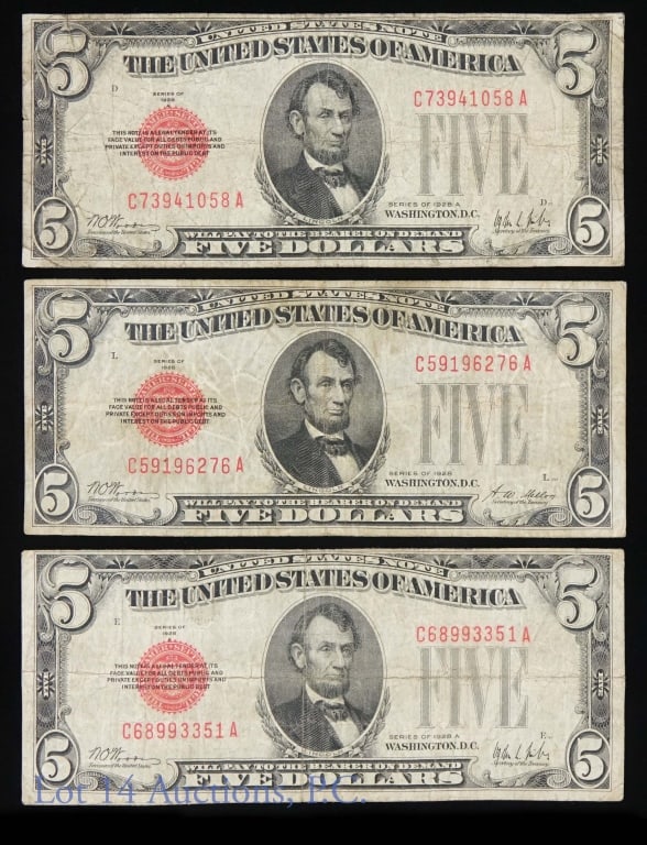 1928 US $5 Red Seal Bank Notes (3): 1 series of 1928 (FR# 1525) and 2 series of 1928A (FR# 1526) United States $5 bank notes - red seal. The 1928 has the Woods / Mellon signatures, and the 1928A has the Woods / Mills signatures. All thr