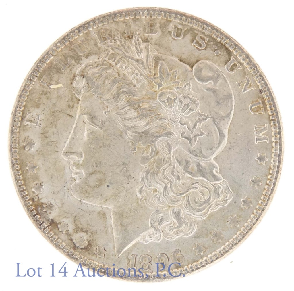 1896 Morgan Silver Dollar (XF?): 1896 Morgan dollar (Philadelphia Mint). 90% silver. Per consigner, XF. *** Lot 14 Auctions is not a coin grading agency. Any consigner provided coin conditions are provided as a courtesy. ***