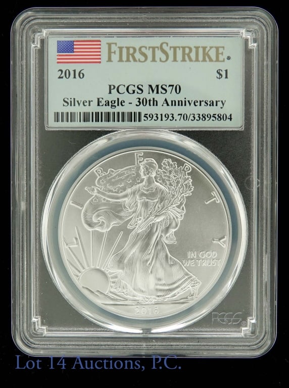 2016 Silver Eagle (PCGS MS70 - 1st Strike): 2016 United States $1 Silver Eagle bullion coin. Graded by PCGS MS70, and designated a First Strike (first 30 days of release). Holder tag denotes 30th anniversary of the Silver Eagle.