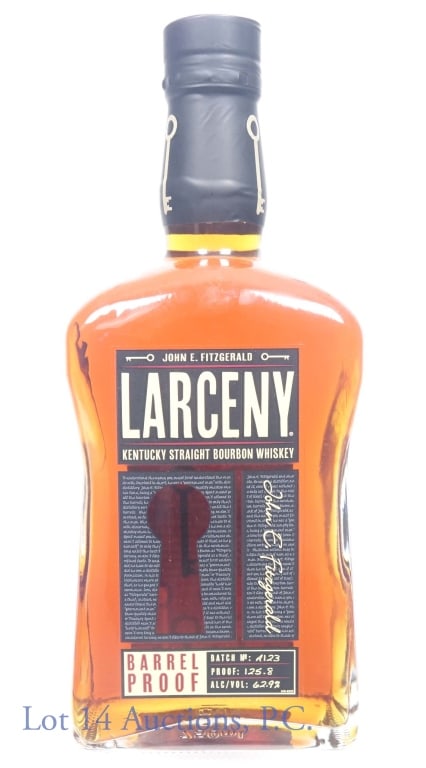 Larceny Barrel Proof Bourbon (Batch A123): John E. Fitzgerald Larceny Kentucky straight bourbon whiskey. Barrel Proof (125.8 proof). 750 ml. Batch: A123. Etch: M32020208. Old Fitzgerald Distillery.