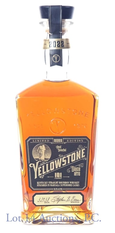 2022 Yellowstone Ltd. Edition Bourbon: Yellowstone Kentucky straight bourbon whiskey - limited edition. 50.5% abv. 101 proof. 750 ml. Bottle No. 32138. Finished in Marsala superiore casks, Limestone Branch Distillery.
