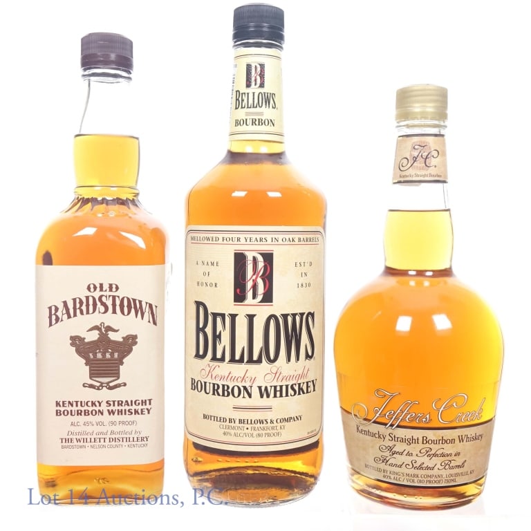 Old Bardstown, Bellows Jeffers Creek Bourbons: 3 bottles of Kentucky straight bourbon whiskey: Old Bardstown. 90 proof. 750 ml. The Willett Distillery. ***** Bellows. 4 years. 80 proof. 750 ml. ***** Jeffers Creek. 80 proof. 750 ml.