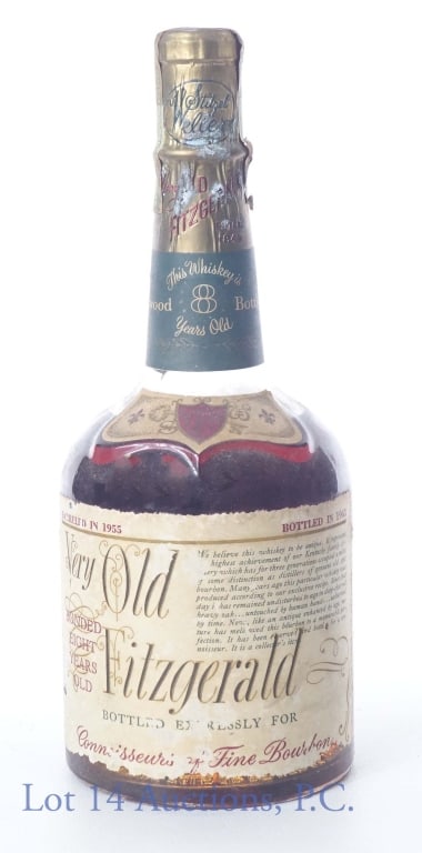 1955-63 Very Old Fitzgerald 4/5 Qt Bonded Bourbon: 1955 Barreled - 1963 bottled 8 Year Old Very Old Fitzgerald Bottled in Bond Stitzel-Weller Kentucky Straight Bourbon Whiskey. 100 proof, 4/5 quart. High-shoulder fill. Some damage to tax strip and lab