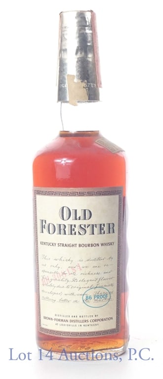 1964 Old Forester KY Bourbon Brown-Forman: 1964 (embossed on bottom and coded on labels) Old Forester Kentucky Straight Bourbon Whiskey, distilled and bottled by Brown-Forman Distillers Corporation, Louisville, Kentucky. 86 proof, 4/5 quart. L