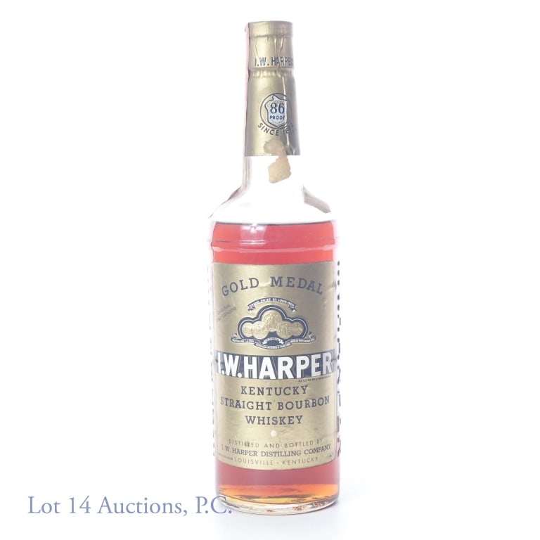 1964 I. W. Harper KY Bourbon Whiskey: 1964 (embossed on bottom of bottle) Kentucky Straight Bourbon Whiskey. Louisville, KY. With Series 112 tax strip and Maryland Tax Stamp. 86 proof, 4/5 quart.