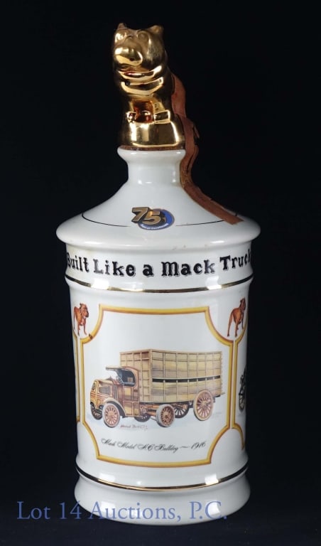 1975 Wild Turkey Bourbon in Mack Truck Decanter: 1975 Wild Turkey Kentucky straight bourbon whiskey. 8 years. 101 proof. 4/5 quart. Limited edition Mack Truck 75th anniversary decanter. Decanter and contents total weight: 3.5 pounds (1.5 kg).