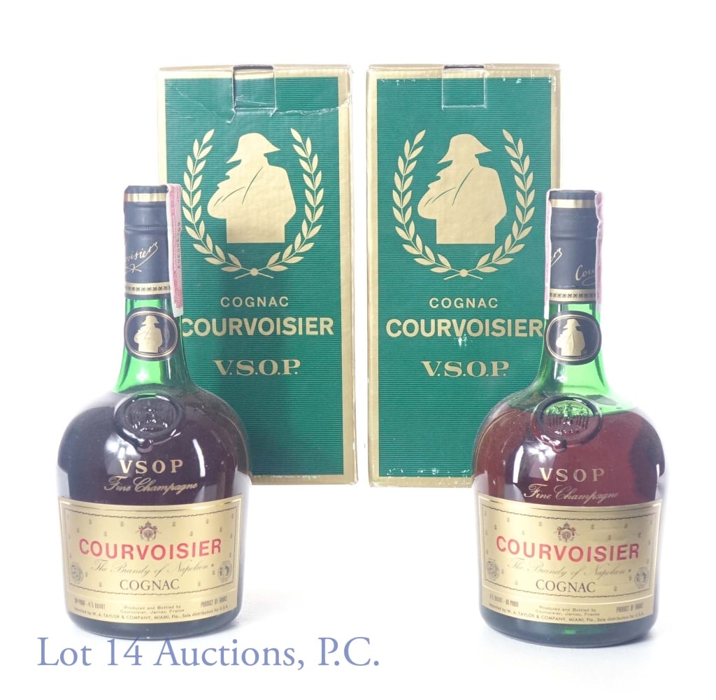 Courvoisier VSOP Cognac - 1960s/70s (2): Courvoisier V.S.O.P. cognac. 80 proof. 4/5 quart. Original (rougher condition) boxes. One bottle has a fill to base of neck. The other has a fill to middle of embossed medallion on shoulder. Series 11
