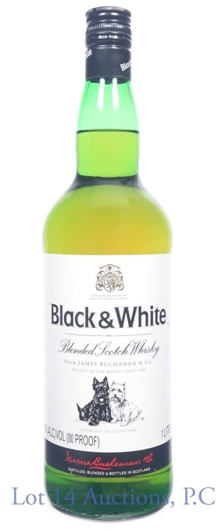 Black & White Blended Scotch Whisky (1 L): Black & White blended Scotch whisky. 80 proof. 1 litre. James Buchanan & Co.