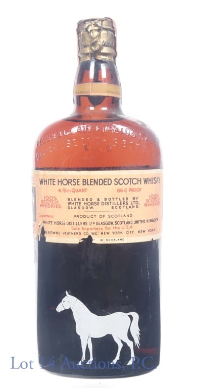 White Horse Cellar Scotch Whisky Spring Cap: White Horse Cellar Blended Scotch Whisky. 86.8 proof, 4/5 quart. Glenlivet distillery. Series 111 tax stamp (1944-1960) present. Spring capsule.
