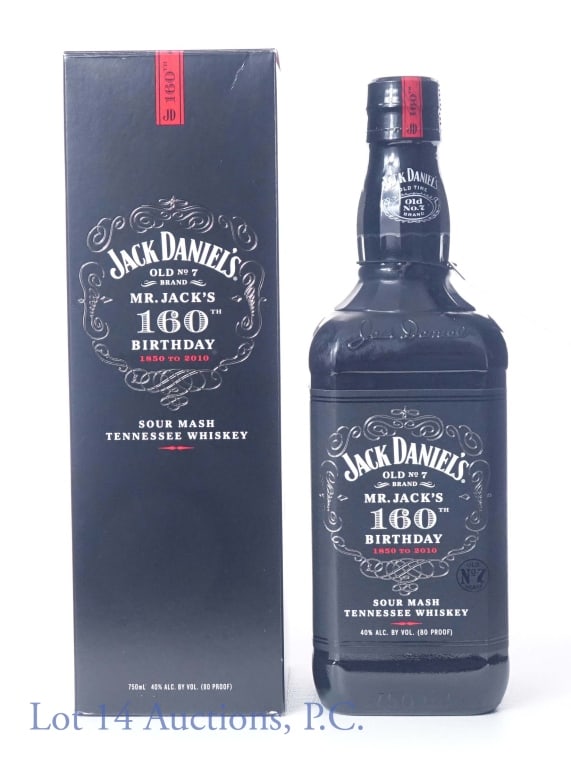 Jack Daniel's Whiskey - Mr. Jack's 160th Birthday: Jack Daniel's Old No. 7 sour mash Tennessee whiskey - Mr. Jack's 160th Birthday. 80 proof. 750 ml. Original box and neck tag. Bottling No. 012394 B.