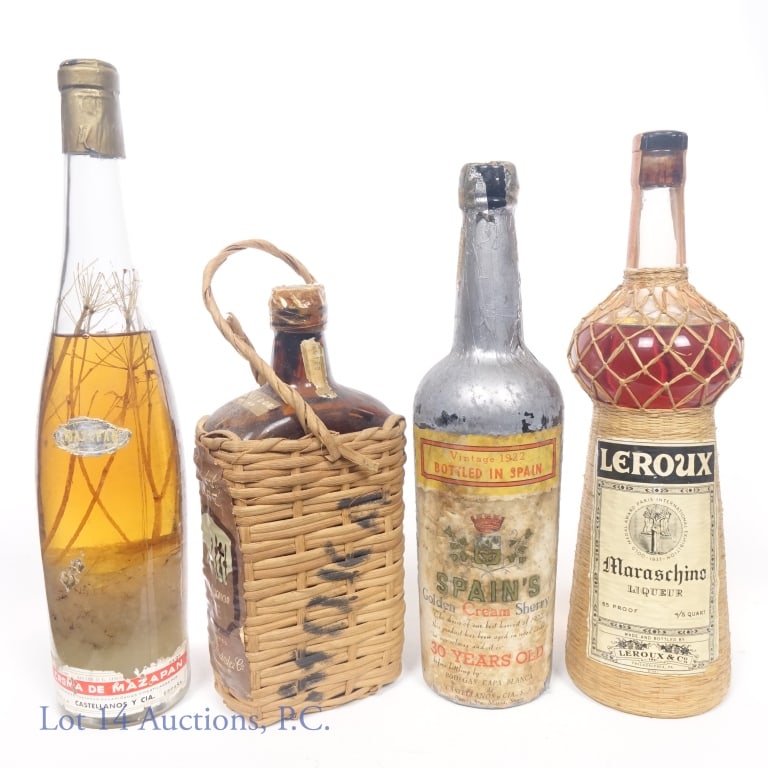 Liqueurs & Sherry: Leroux Maraschino liqueur. 65 proof. 4/5 quart. Series 111 tax strip (1944 - 1960). ***** 1922 vintage Spain's Golden Cream sherry. 30 years. 18% ABV. 1 pint, 8 fl oz. ***** Gachet D'Or Moka Superior 
