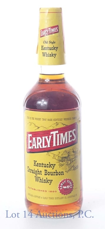1965 Early Times 4 Year Old Bourbon: 1965 (embossed on bottom of bottle) 4 year Old Kentucky Straight Bourbon Whisky. Early Times Distillery. 86 proof, 4/5 quart. Series 112 tax strip. Great fill - just below neck label.
