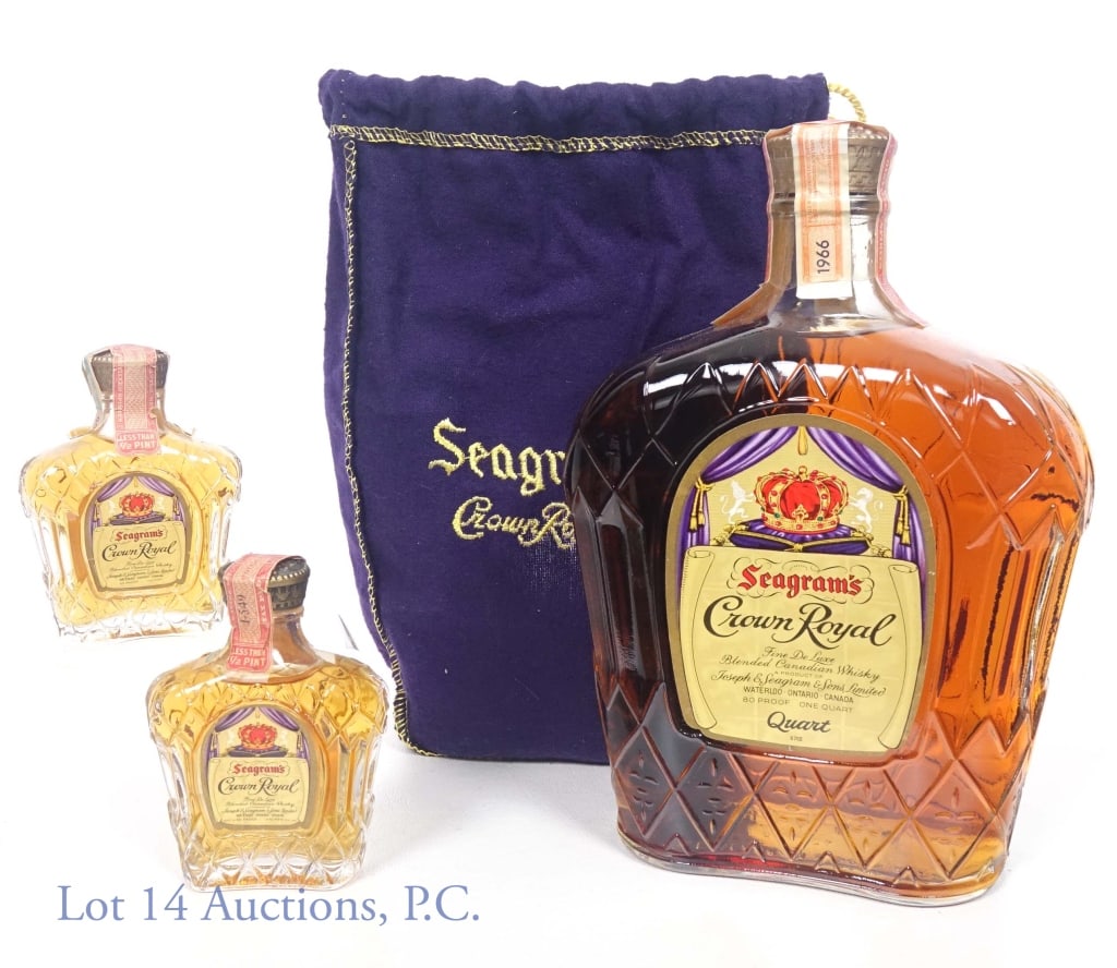1966 Crown Royal Whisky + 2 Minis: 1966 Crown Royal fine de luxe blended Canadian whisky. 80 proof. 1 quart. Purple drawstring bag. ****** 1963 and 1965 Crown Royal fine de luxe blended Canadian whisky. 80 proof. 1/10 pint.