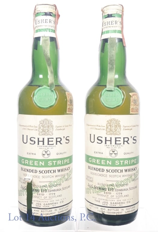 Usher's Green Stripe Scotch Whisky (2): Two bottles of Usher's Green Stripe Blended Scotch Whisky. 86.8 proof, 4/5 quart. Series 112 (1961-1977) tax strips and Maryland tax stamp present. See pictures for label conditions.