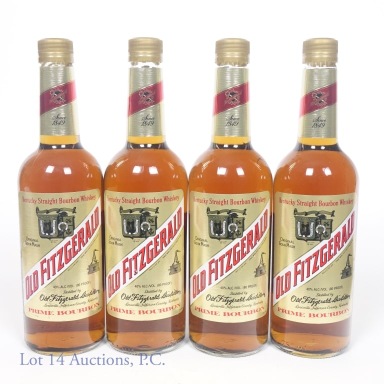 Old Fitzgerald Prime Bourbon (4): 4 bottles of Old Fitzgerald original sour mash Kentucky straight prime bourbon whiskey. 3 years. 80 proof. 750 ml. Old Fitzgerald Distillery.
