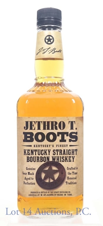 Jethro T Boots Bourbon Whiskey: Jethro T. Boots Kentucky straight bourbon whiskey. 80 proof. 750 ml. Etch: L230230119:32B. Legacy Distilling.