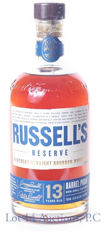 Russell's Reserve 13 Yr Bourbon: Russell's Kentucky straight bourbon whiskey. 13 years old. 57.4% abv. 114.8 proof. 750 ml. The Wild Turkey Distilling Co.