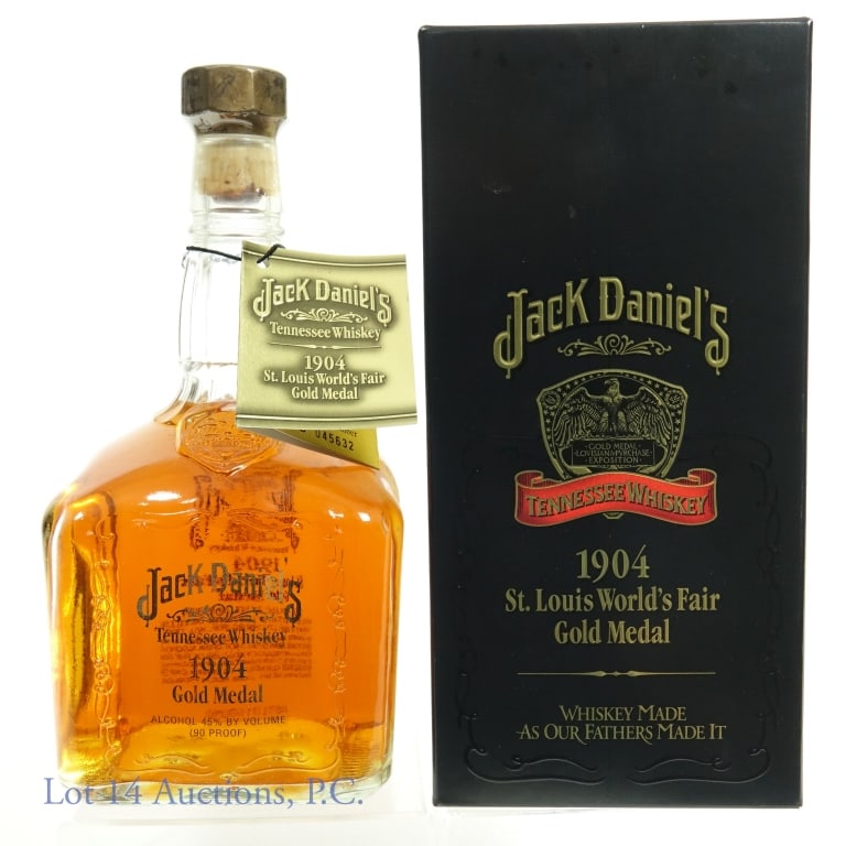 Jack Daniel's 1904 Gold Medal Whiskey: 1904 Jack Daniel's St. Louis World's Fair Gold Medal Tennessee Whiskey. 45% abv. 90 proof. 750 ml. Bottling No. B045632. In original box and tag.