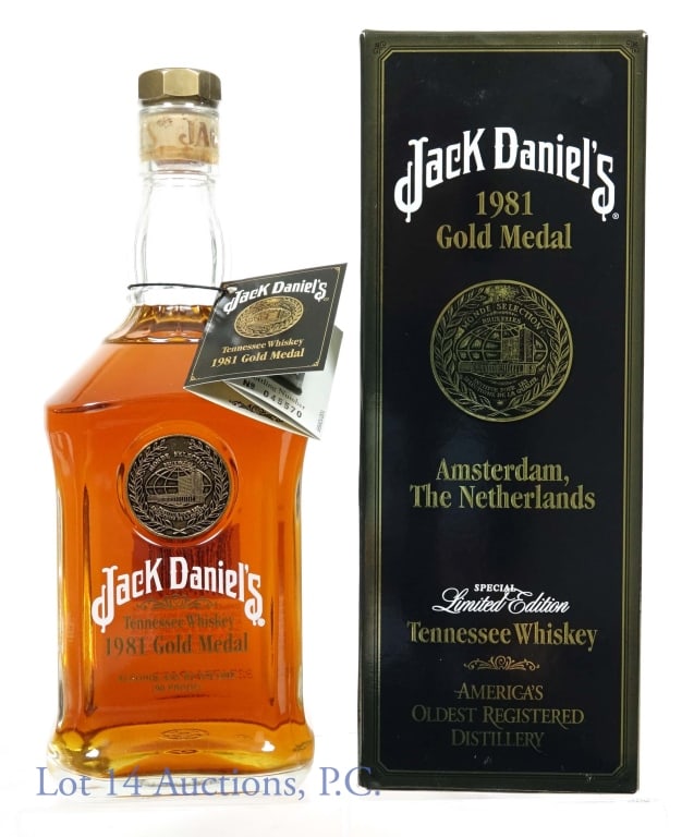 Jack Daniel's 1981 Gold Medal Whiskey: 1981 Jack Daniel's Gold Medal Tennessee Whiskey - limited edition. Amsterdam, The Netherlands. 45% abv. 90 proof. 750 ml. Bottling No. 045570. In original box and tag.