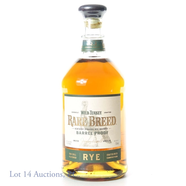 Wild Turkey Rare Breed Barrel Proof Rye Whiskey: Wild Turkey Rare Breed Kentucky straight rye whiskey, barrel proof, 112.2 proof, 750 ml. No. 4 Char. Distilled and bottled in Lawrenceburg, KY.
