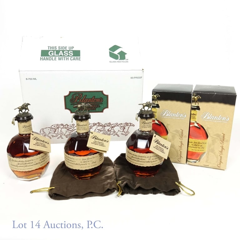 Blanton's Single Barrel Bourbon (3) & Box: 3 bottles of Blanton's single barrel bourbon whiskey. All three bottles are 750 ml and 93 proof. Dumped on 5-24-23 from barrel No. 1809 in Warehouse H on Rick No. 42. Bottle No. 107. "L" bottle topper