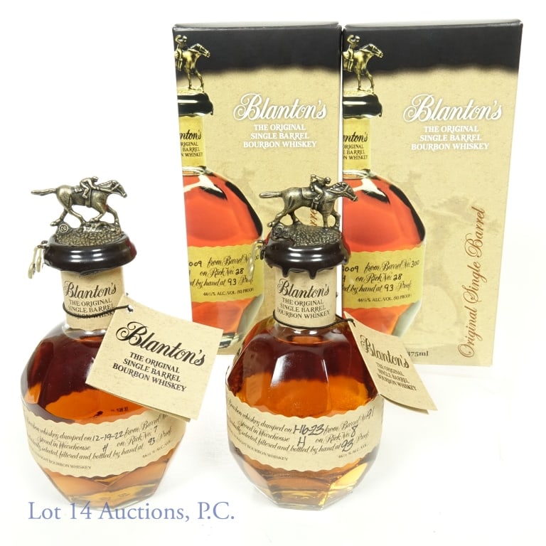 Blanton's Single Barrel Bourbon - 375 ml (2): Blanton's single barrel Kentucky straight bourbon whiskey. 93 proof. 375 ml. Dumped 1-16-23 from Barrel No. 91 in Warehouse H, Rick No. 8. Bottle No. 161. "O" bottle topper. Neck tag and original box.