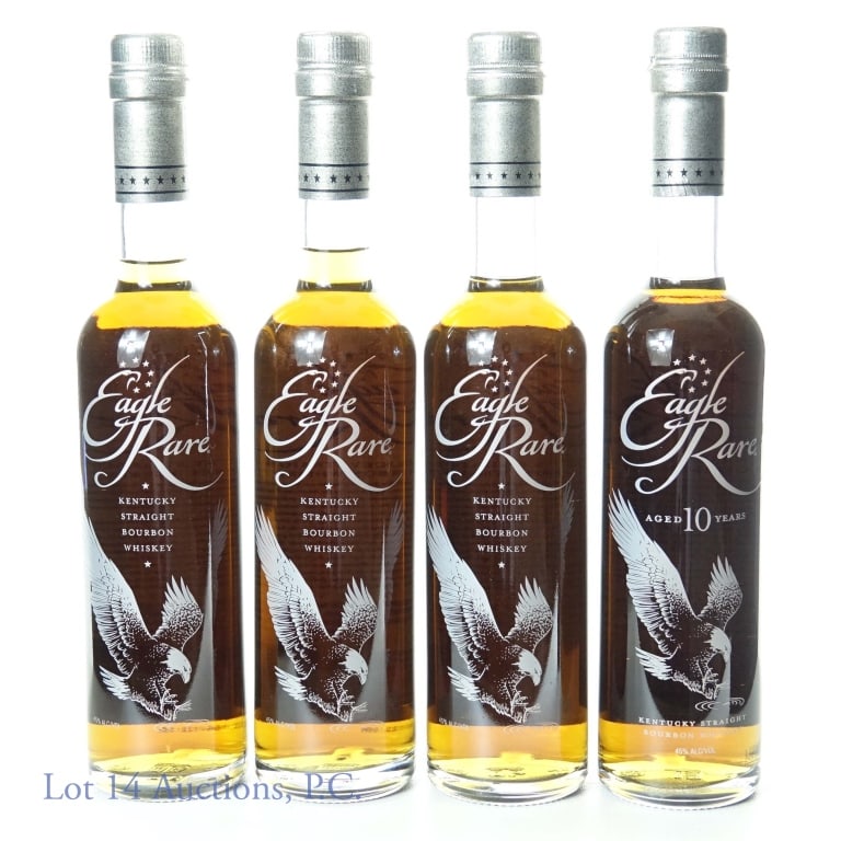 Eagle Rare 10 Year Bourbon 375 ml (4): 4 bottles: Eagle Rare Kentucky Straight Bourbon Whiskey, Aged 10 Years, 90 proof, 375 ml, Frankfort, KY. One bottle has slightly different design than other 3.