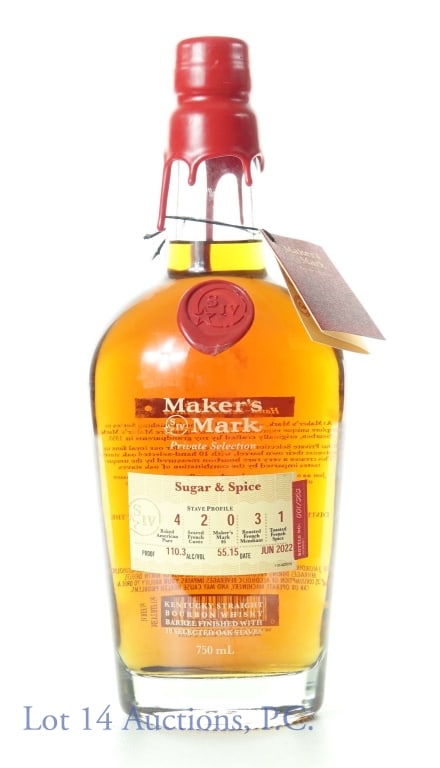Maker's Mark Bourbon (Pvt. Select Bottle 1/252): Maker's Mark Kentucky Straight Bourbon Whiskey - Private Selection Sugar & Spice. 110.3 proof. 750 ml. Bottle No. 001 / 252. Stave profile: 4 baked American oak pure, 2 seared French oak cuvee, 3 Fren