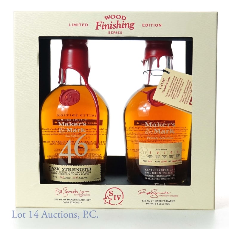 Maker's Mark Wood Finishing Series 2-Pack: Maker's Mark Limited Edition Wood Finishing Series gift 2-pack. Includes: 375 mL of Maker's 46 Cask Strength 110.3 proof, and 375 mL of Maker's Private Selection 110 Proof. Staves-- 5 baked American P