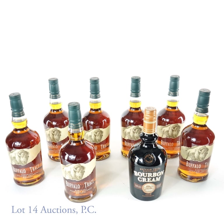Buffalo Trace Bourbon (7) & Bourbon Cream (1): Eight bottles. Seven bottles of: Buffalo Trace Kentucky Straight Bourbon whiskey, 750 ml, 90 proof, distilled aged and bottled by Buffalo Trace Distillery, Franklin Country, KY. ONE bottle of: Buffalo
