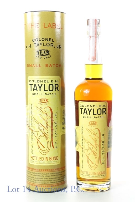 Col. E.H. Taylor Sm Batch Bourbon (BiB): Colonel E.H. Taylor small batch straight Kentucky bourbon whiskey. Bottled in Bond (100 proof). 750 ml. Etch: L231870110:07D and ??58:05023. Original canister.