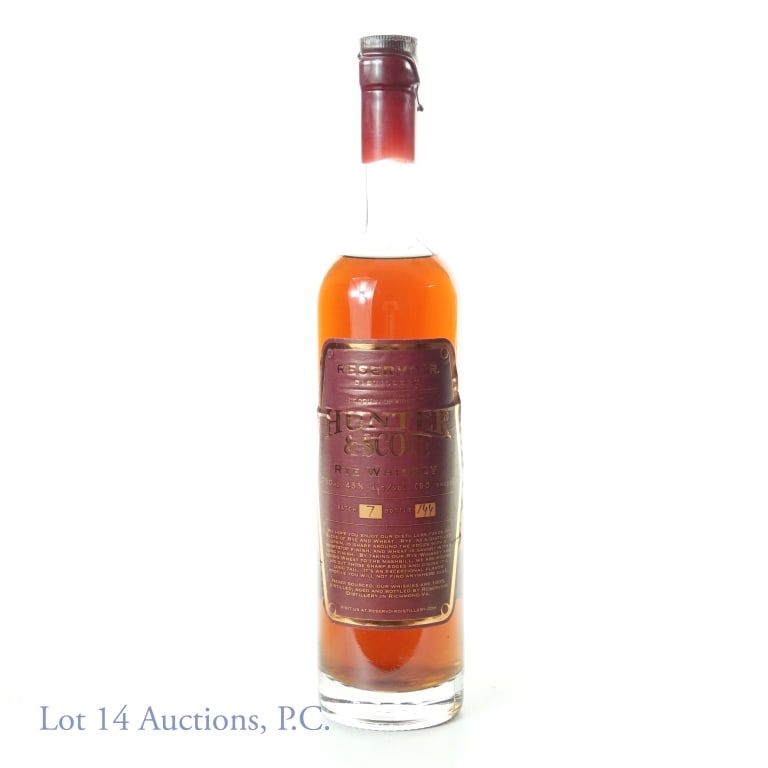 Reservoir Hunter & Scott Rye: Reservoir Hunter & Scott Rye Whiskey, Batch no. 7, Bottle no. 144. 90 proof, 750 ml. Richmond, Virginia.
