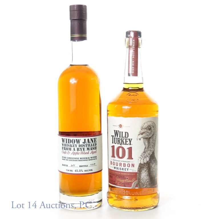 Widow Jane, Wild Turkey 101 - Whiskey (2): Widow Jane Whiskey from Rye Mash Oak and Apple Wood Aged, Batch 64, Bottle 409, (45.5% Alcohol, 750ml). Wild Turkey 101 Bourbon Whiskey, Barrel 4, (101 Proof, 1L).