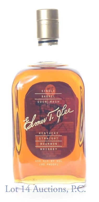 Elmer T. Lee Single Barrel Bourbon: Elmer T. Lee single barrel Kentucky straight sour mash bourbon whiskey. 90 proof. 750ml. Buffalo Trace Distillery.