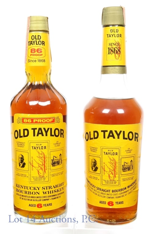 Old Taylor Bourbon (2) (One sealed, 1983-85): 2 bottles of Old Taylor Kentucky straight bourbon whiskey. 6 years. 1 bottle is 80 proof, the other 86 proof. 750 ml. ATF Distilled Spirits tax strip (1983-85). The 80 proof bottle is NOT sealed, and